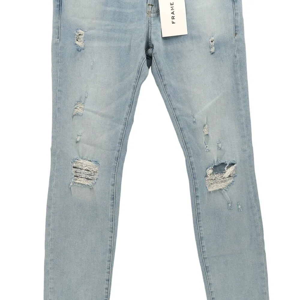 FRAME Men 32 L'Homme Jeans Tubman Blue Skinny Denim Distressed Whisker Mid Rise